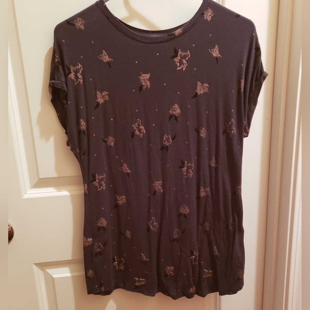 Dark purple top with gold glittery flowers and dots